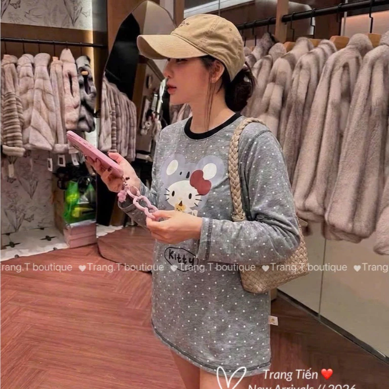 (feifei) Áo Thun Dài Tay Gấu Nơ Form Rộng - Dài 66cm