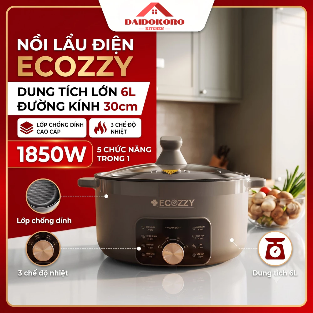 Nồi Điện Lẩu Nướng Đa Năng ECOZZY 6L 1850W, Nồi Chống Dính Chiên Xào Nấu Lẩu, Núm Vặn Dễ Điều Khiển