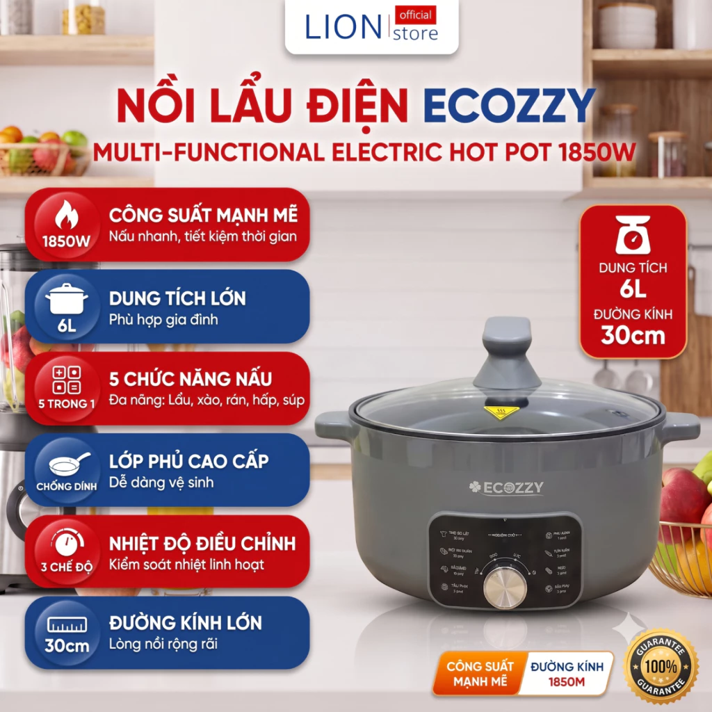 [𝐠𝐢𝐚𝐝𝐮𝐧𝐠𝐋𝐈𝐎𝐍] Nồi Điện Lẩu Nướng Đa Năng ECOZZY 1850W Dung Tích Lớn 6L, Chống Dính Cao Cấp, Chiên Xào Nấu Lẩu