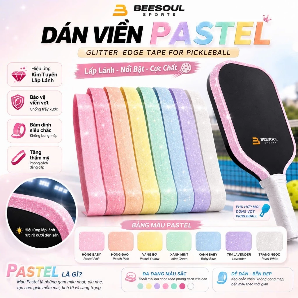 Dán Viền Pastel 16mm 15mm 14mm Kim Tuyến Lấp Lánh 6 màu siêu đẹp bền bỉ bảo vệ Viền Vợt 5in1 Beesoul