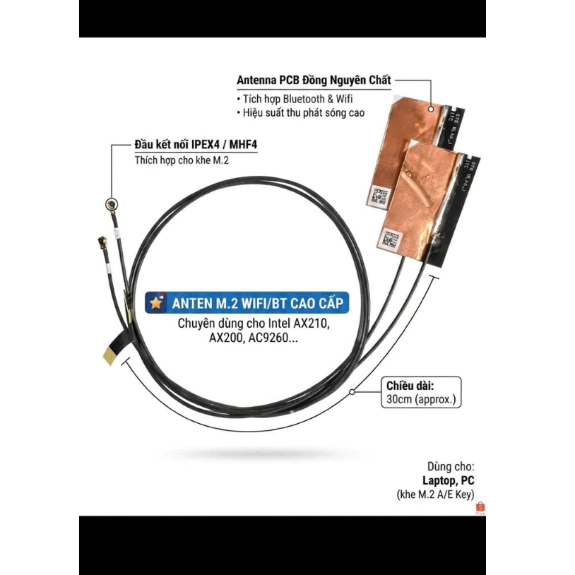 1 Cặp (2 dây)  Anten Card Wifi Laptop, PC đồng bộ, itx Liền Dây chuẩn IPEX4 50 cm cho Ax210, Ax200, Ac8265, 9260...