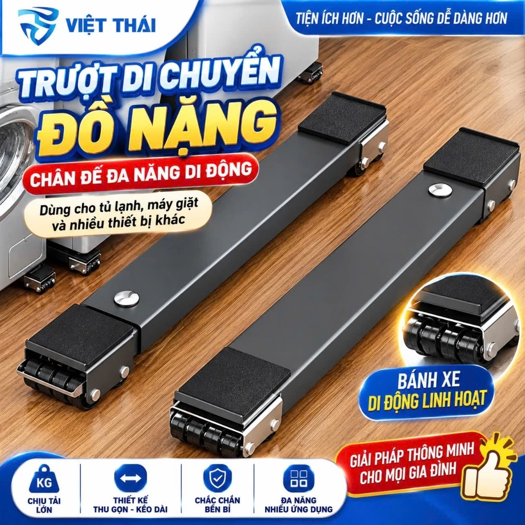 Bộ 2 thanh trượt kê máy giặt - tủ lạnh vật nặng đa năng có thể điều chỉnh kích thước, có bánh xe chịu tải 300kg