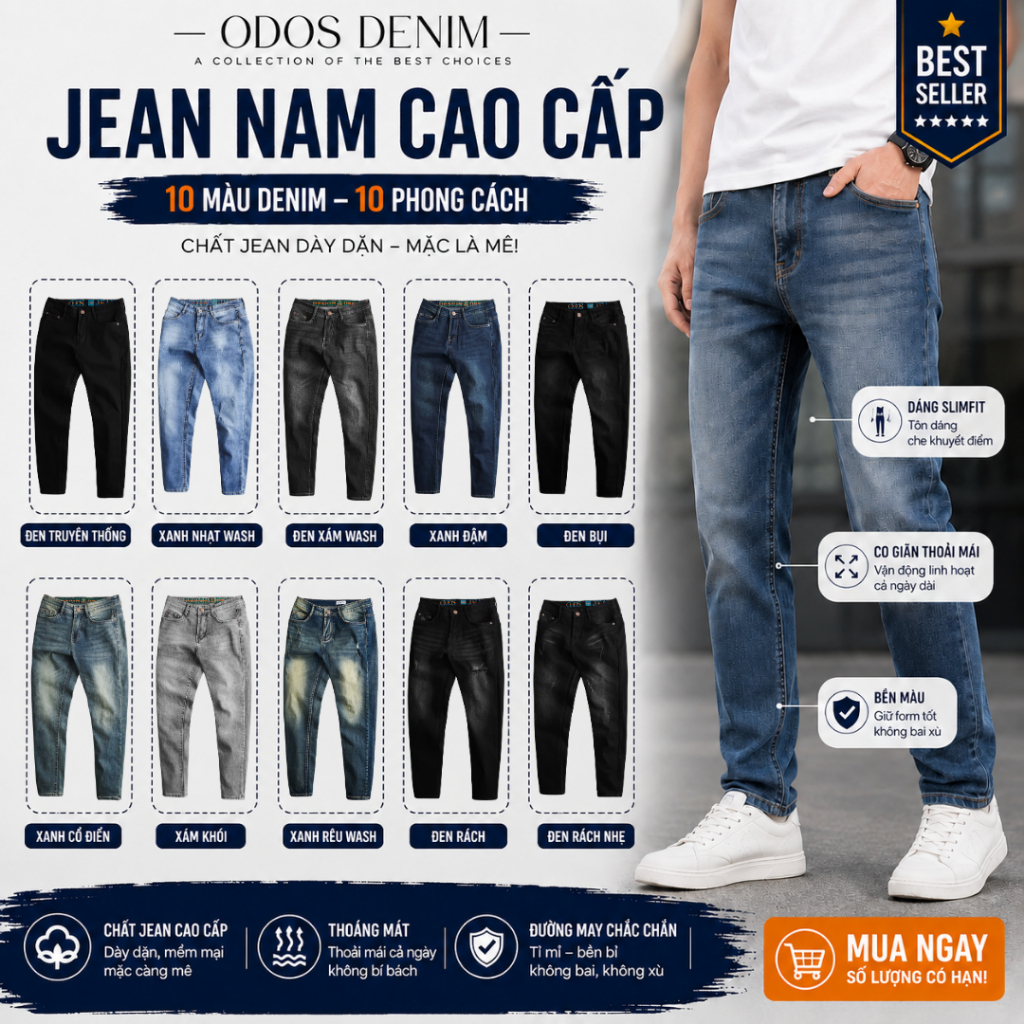 Quần Jean Nam Xám, Xanh, Đen Thời Trang - Form SlimFit - Vải Cotton Co Giãn…