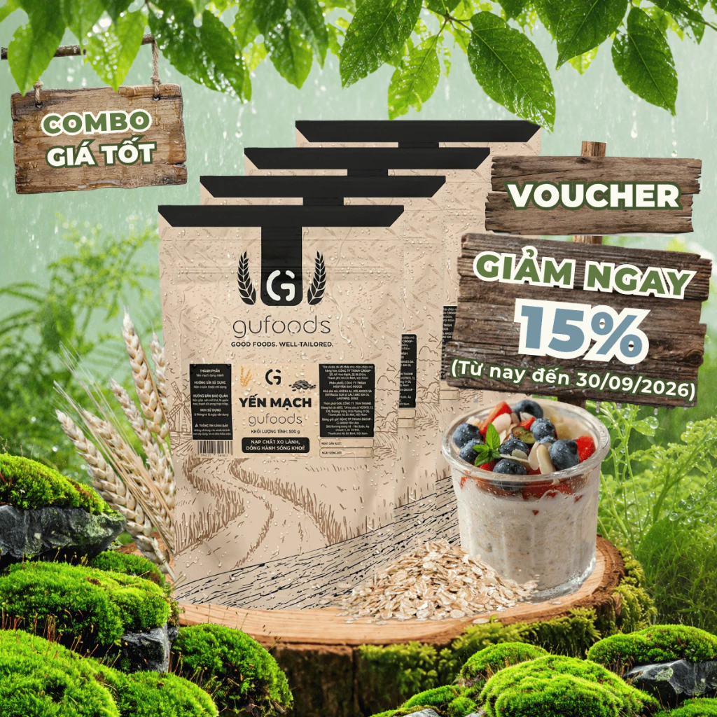 [2kg] Combo 4 Yến mạch tươi cán mỏng (cán dẹt) GUfoods - Healthy, Tập gym (mỗi túi zip 500g)