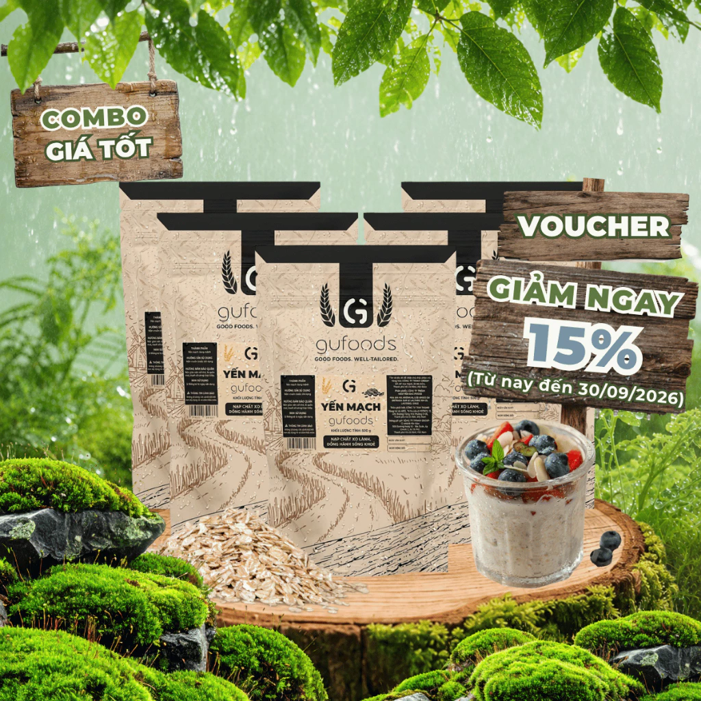 [2.5kg] Combo 5 Yến mạch tươi cán mỏng (cán dẹt) GUfoods - Healthy, Tập gym (mỗi túi zip 500g)