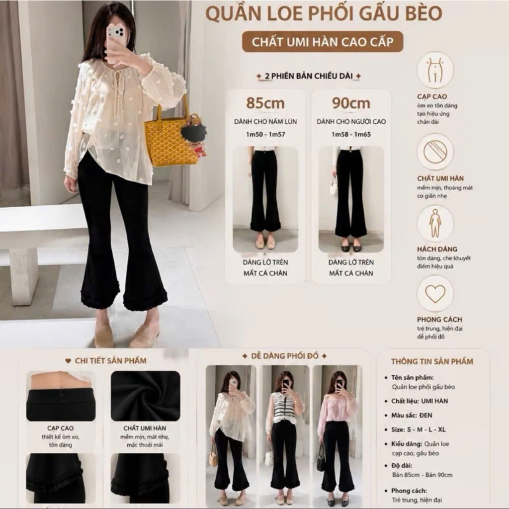 Quần Ống Loe Phối Gấu Bèo Chất Liệu Umi Hàn Co Giãn 4 Chiều Lên Form Xinh MA835