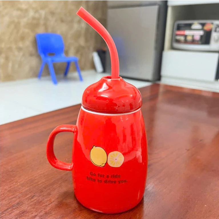CỐC SỨ CAO CẤP UỐNG CAFE, UỐNG TRÀ... CÓ NẮP ĐẬY, KÈM ỐNG HÚT+THÌA