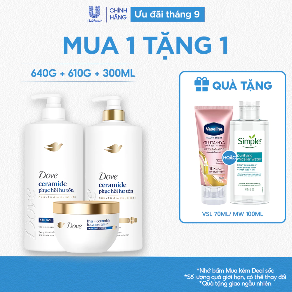Combo Dầu Gội, Kem Xả, Kem Ủ Dove Ceramide Phục hồi hư tổn/Biotin Ngăn gãy rụng tóc 600g, 300ml