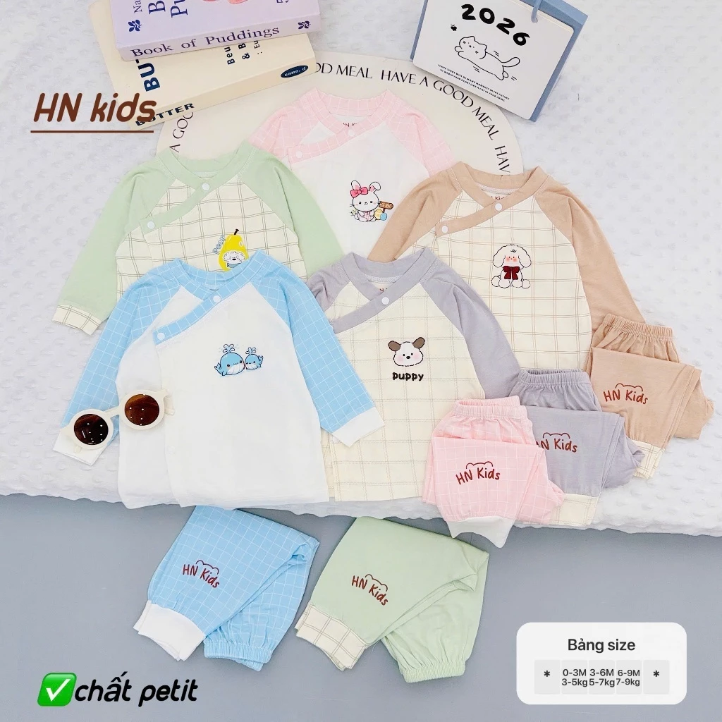 Bộ Dài Tay Cho Bé Sơ Sinh Chất Peptit Mềm Mịn Cúc Chéo Bé Trai Bé Gái Size 1-3