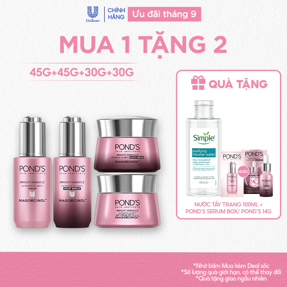 [Combo] Trọn bộ 2 Serum và 2 Kem sáng da ngày & đêm Pond's Bright Miracle mờ thâm với 50X Niasorcinol 30G+30G+45G+45G