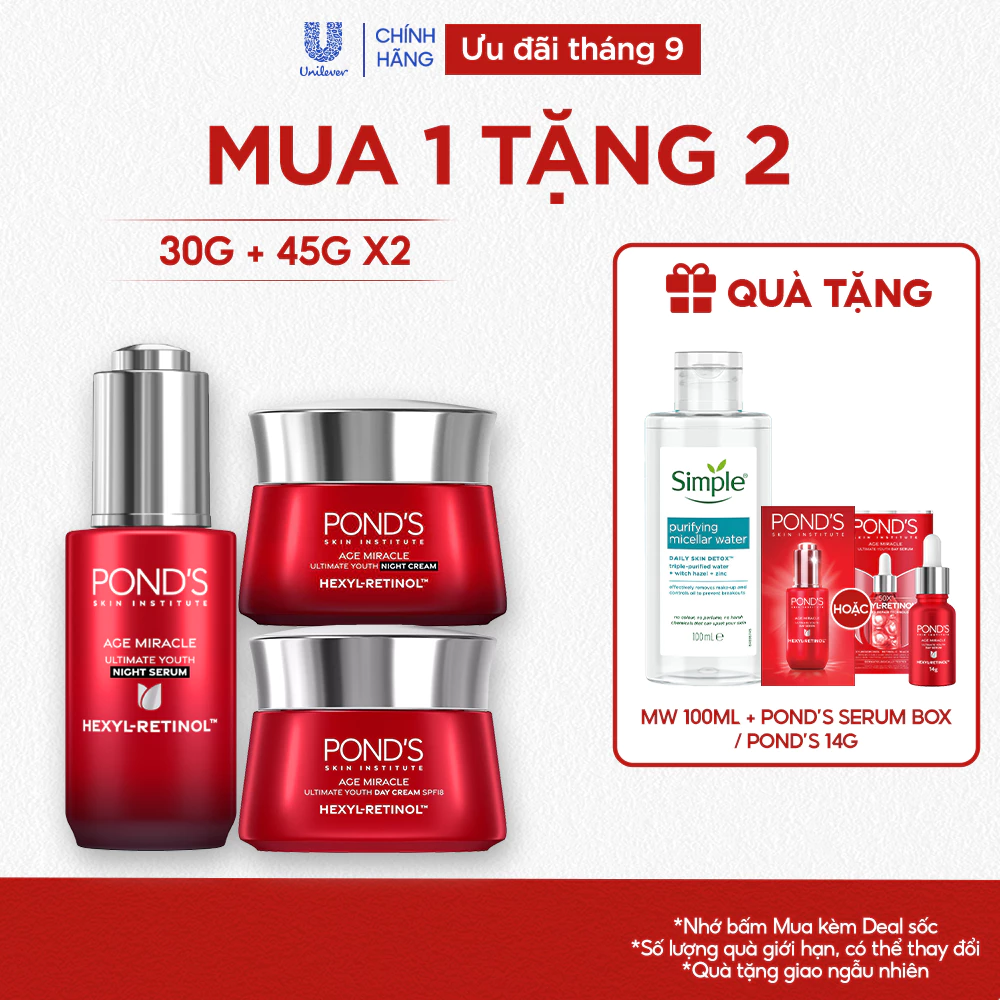 Combo Serum và Kem dưỡng ngày & đêm Pond's Age Miracle mờ đốm nâu, nếp nhăn với 50X Hexyl-Retinol 30G+45G+45G