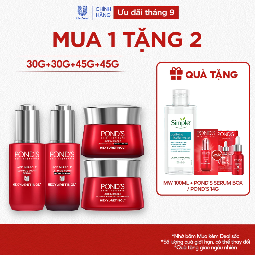 Combo 2 Serum và 2 Kem dưỡng ngày & đêm Pond's Age Miracle mờ đốm nâu, nếp nhăn với 50X Hexyl-Retinol 30G+30G+45G+45G