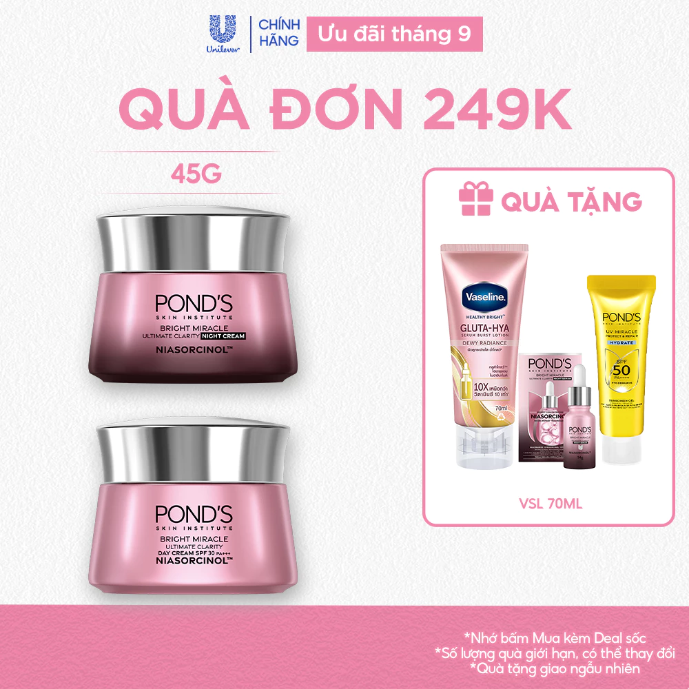 Kem sáng da đa tầng ngày/đêm Pond's Bright Miracle mờ thâm sạm với Niasorcinol 45G