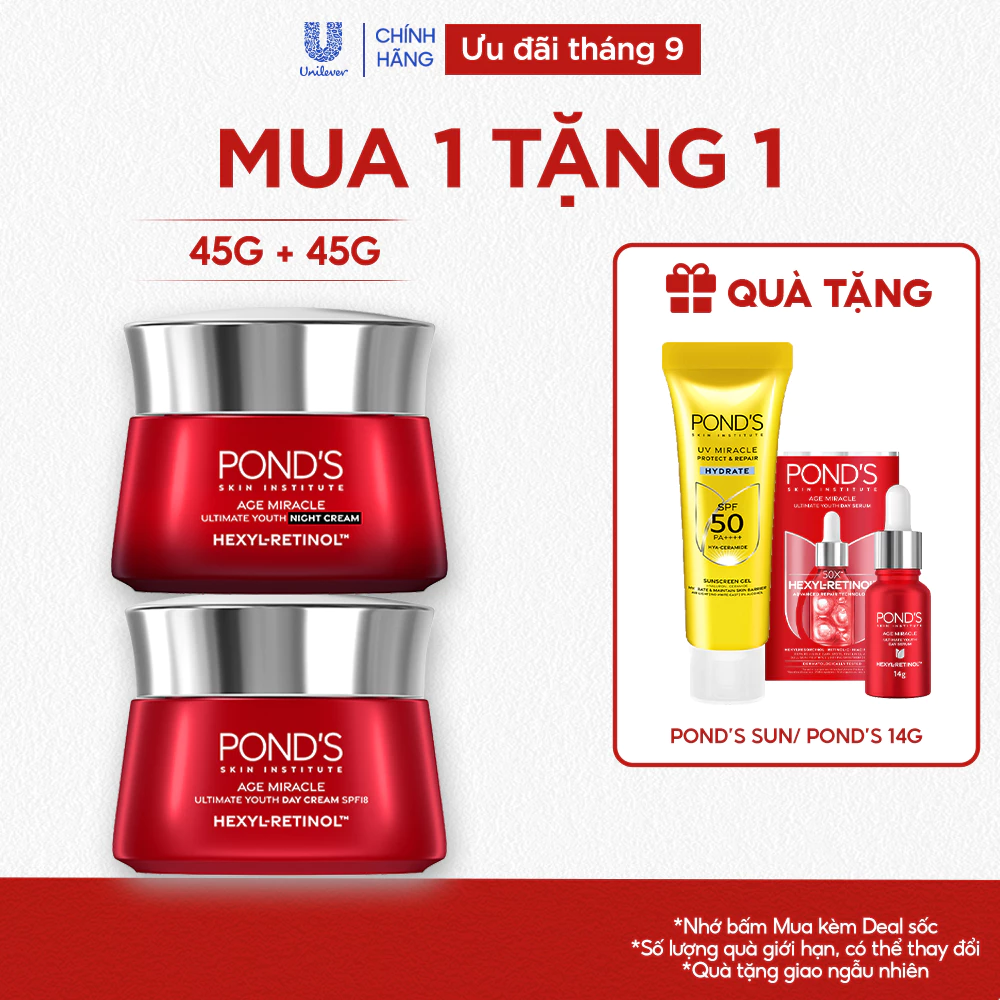[Combo] Bộ Kem dưỡng ngày đêm Pond's Age Miracle mờ đốm nâu và nếp nhăn với 50X Hexyl-Retinol 45G