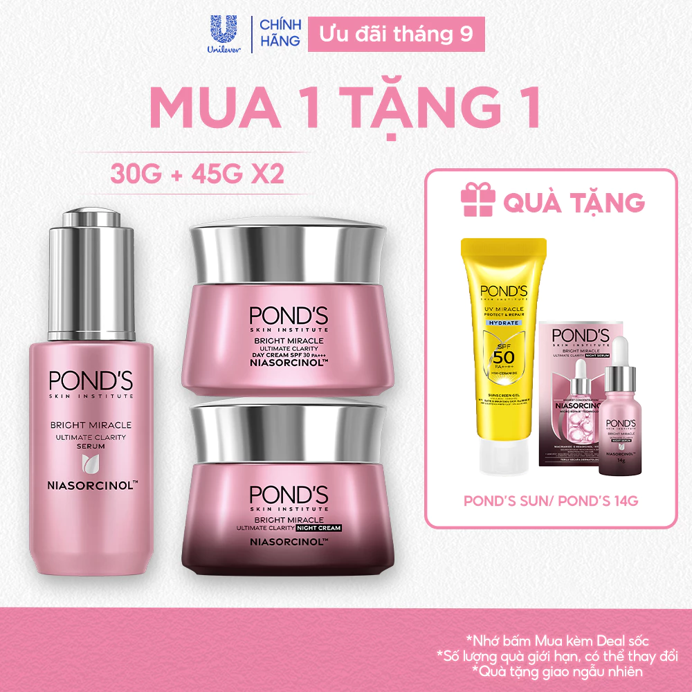 [Combo] Bộ 1 Serum và kem dưỡng sáng da ngày& đêm Pond's Bright Miracle mờ thâm sạm với 50X Niasorcinol 30G+45G+45G