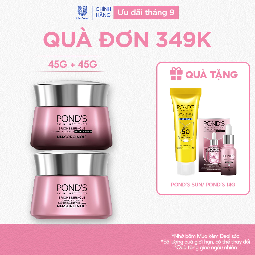 [Combo] Bộ 2 Kem dưỡng sáng da đa tầng ngày & đêm Pond's Bright Miracle mờ thâm sạm với 50X Niasorcinol 45G+45G