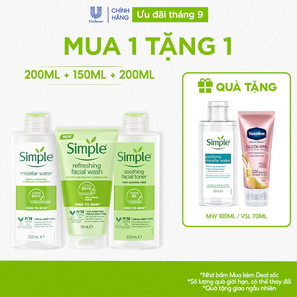 COMBO 3 BƯỚC DƯỠNG SIMPLE NƯỚC TẨY TRANG 200ML + SỮA RỬA MẶT 150ML + NƯỚC HOA HỒNG 200ML