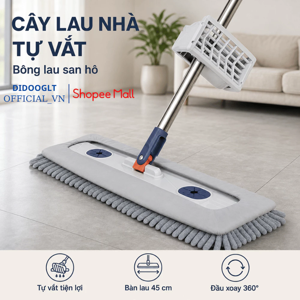 Cây Lau Nhà Tự Vắt Didooglt Đầu Xoay 360 Độ Bông San Hô Siêu Thấm Hút