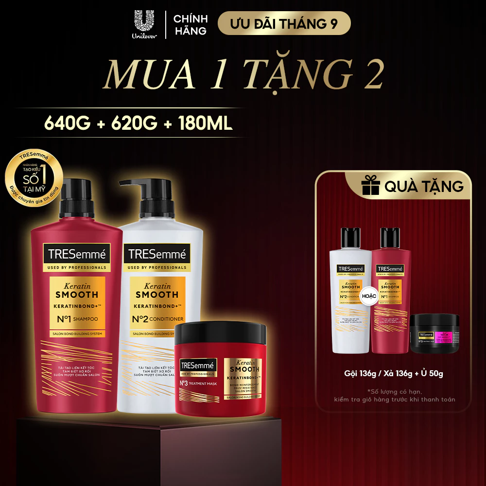 Combo Dầu Gội - Dầu Xả - Kem Ủ TRESemmé Keratin Smooth Keratinbond+Cho Tóc Vào Nếp 640g,620g,180ml