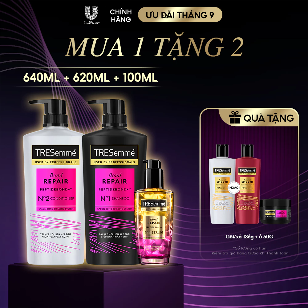Combo 3 Bước TRESemmé Bond Repair Cho Tóc Hư Tổn Do Tạo Kiểu, Giúp Ngăn Gãy Rụng Dầu Gội 640g+Dầu Xả 620g+Serum 100ml