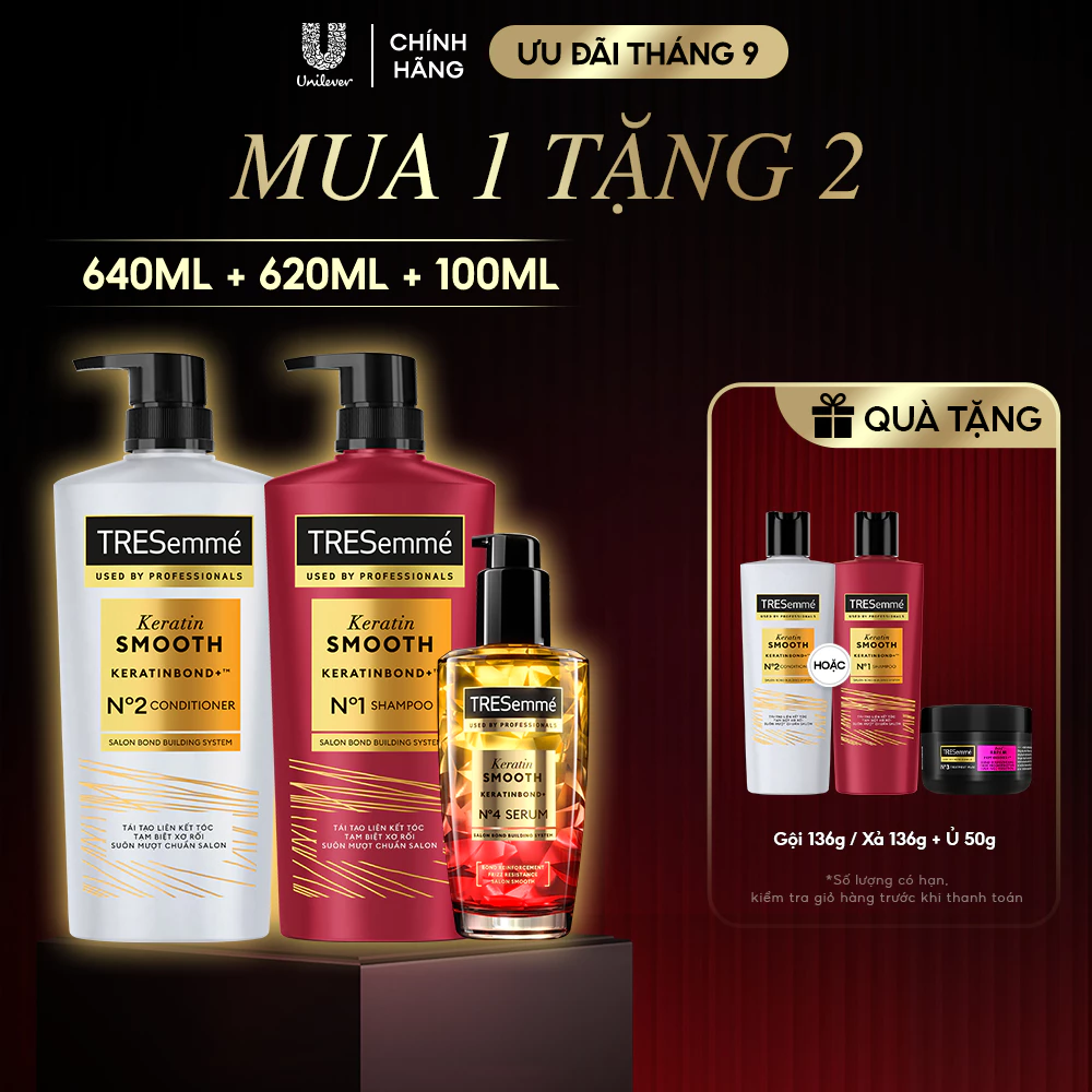 Combo 3 Bước TRESemmé Keratin Smooth Cho Tóc Khô Xơ Rối Vào Nếp Suôn Mượt Dầu Gội 640g+Dầu Xả 620g+Serum 100ml