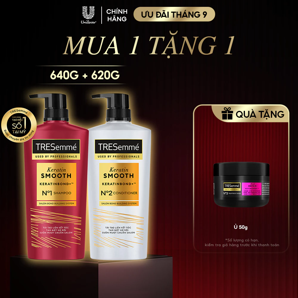 [Diện mạo mới] Combo Dầu Gội, Dầu Xả TRESemmé Keratin Smooth Keratinbond+ Cho Tóc Khô Xơ Rối Vào Nếp Suôn Mượt 640g,620g