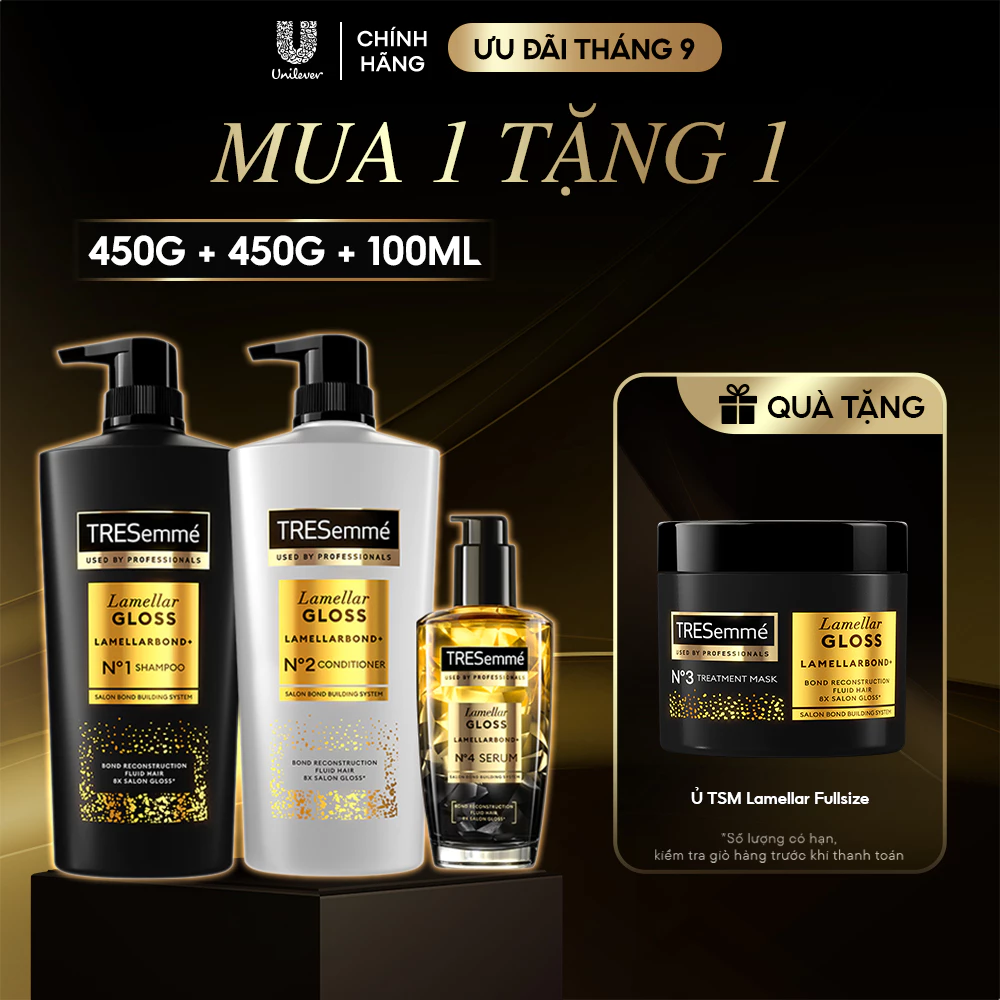 Combo Dầu Gội, Dầu Xả, Serum TRESemme Lamellar Gloss LamellarBond+ Phủ Bóng 8X Chuẩn Salon 450g, 450g,100ml