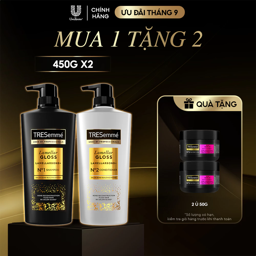 Combo Dầu Gội Và Dầu Xả TRESemme Lamellar Gloss LamellarBond+ Phủ Bóng 8X Chuẩn Salon 450g, 450g