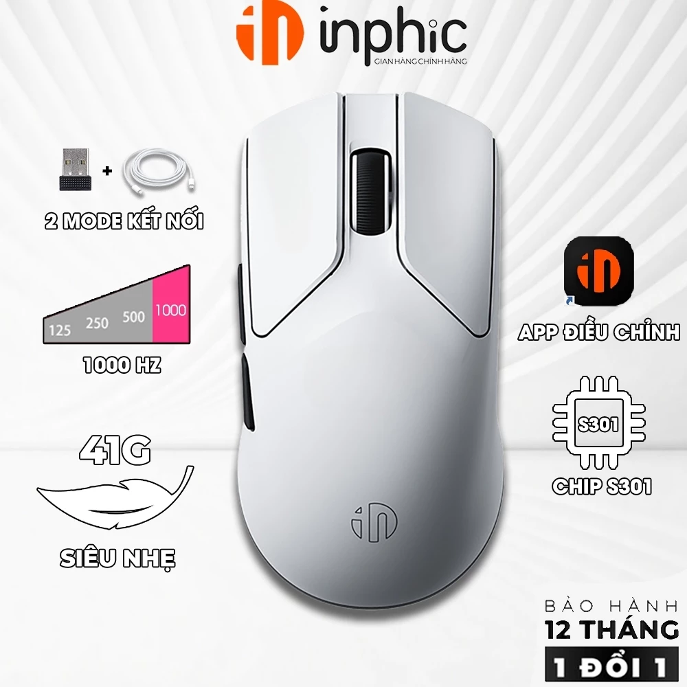 Chuột gaming không dây INPHIC IN6 V3 siêu nhẹ 41g chip S301 1000hz 2 mode wireless 2.4g type c có app công thái học