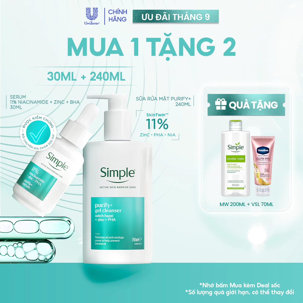 [MỚI] Bộ Đôi Kháng Mụn: Sữa Rửa Mặt Simple 240ml Purify+ Giảm Mụn Sau 7 Ngày & Serum 30ml Purify+ Kiềm Dầu Giảm Mụn