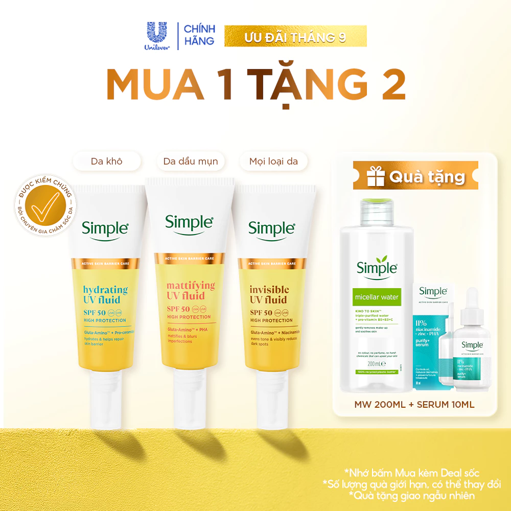 [MUA 1 TẶNG 2] Kem chống nắng Simple UV Fuild mỏng nhẹ tàng hình 40ml