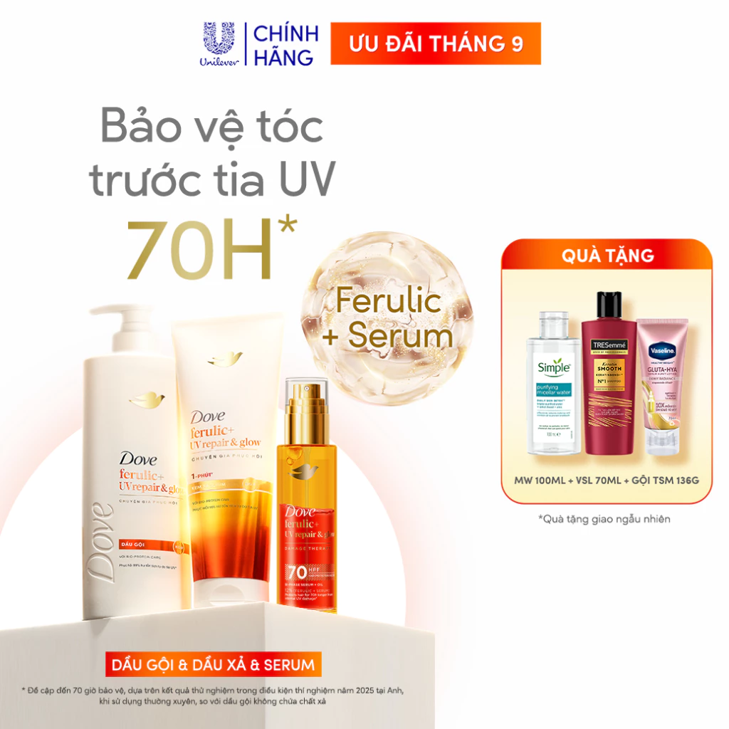 Combo Gội Xả Serum Bảo Vệ Tóc Trước Tia UV Dove Ferulic+ Repair & Glow 600G, 300G, 77ML