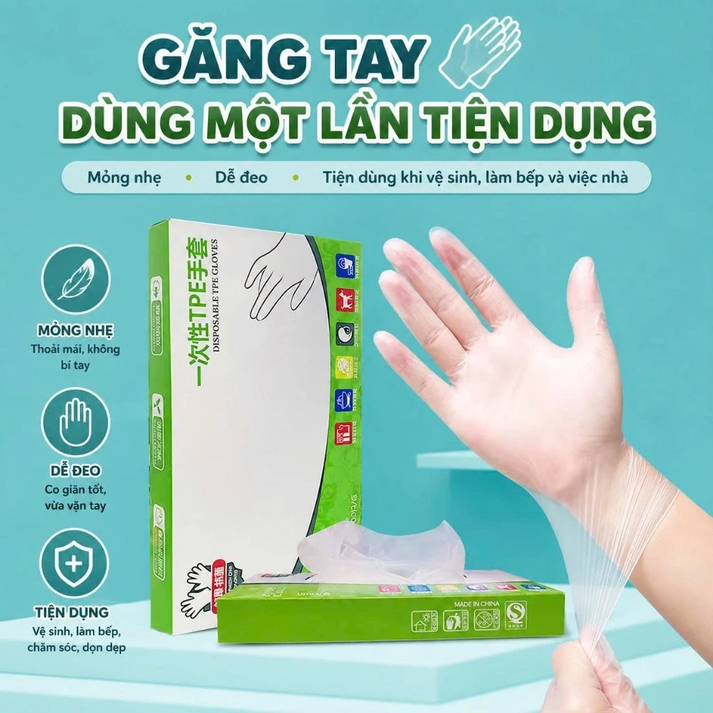 Hộp 70 Găng Tay Nhựa TPE Trong Suốt Siêu Dai Đàn Hồi Dùng 1 Lần Tiện Lợi