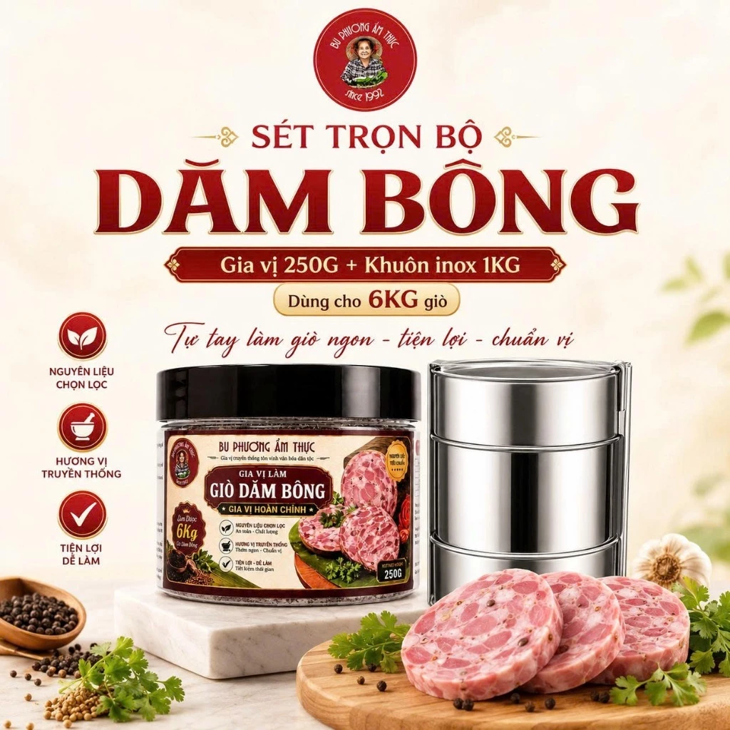 Sét Dăm Bông Trọn Bộ (Gia Vị + Khuôn) - Thương Hiệu Bu Phương Ẩm Thực (Dùng Cho 6kg Giò Đậm Đà)