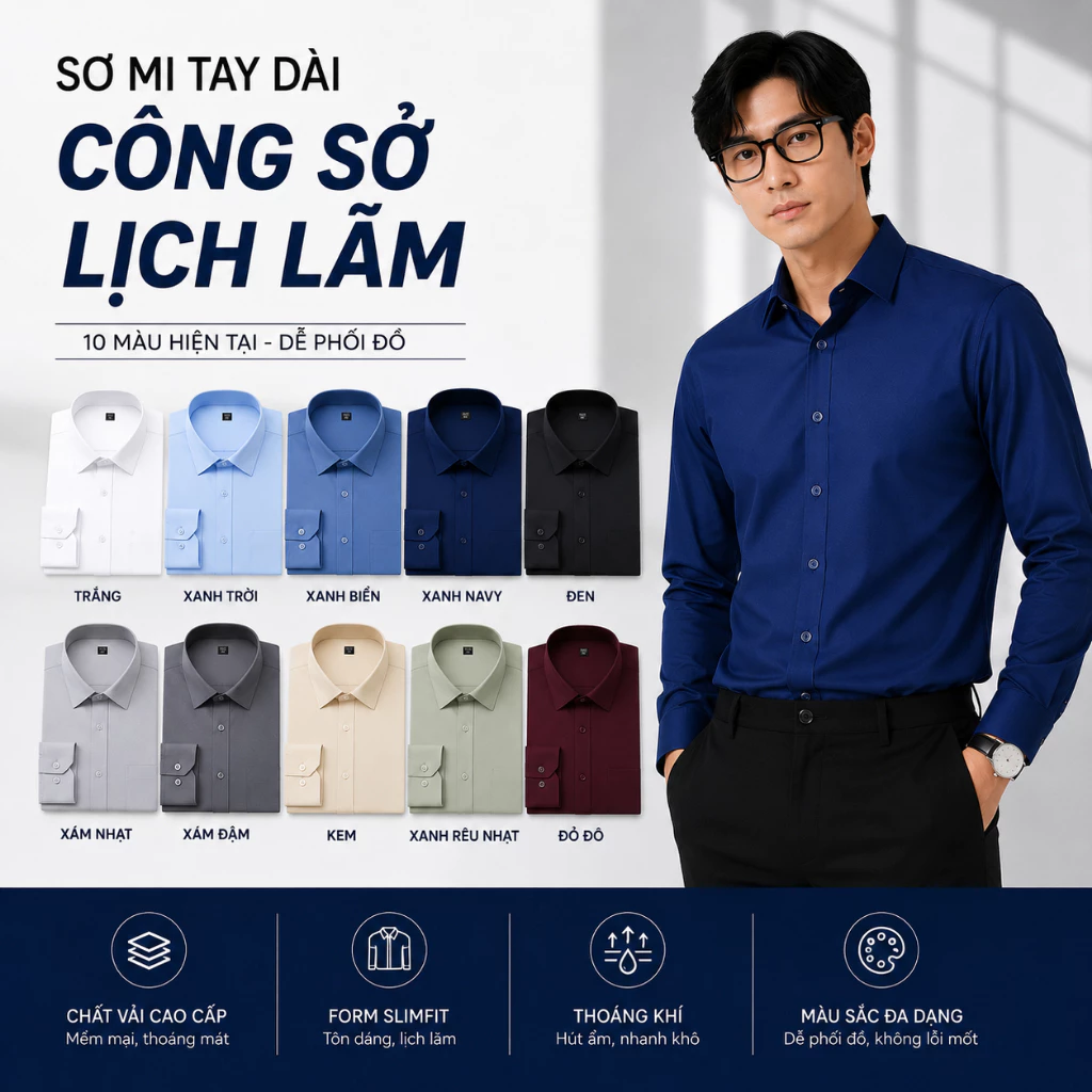 Áo Sơ Mi Nam Dài Tay Cotton Lụa Chống Nhăn Form Rộng Phong Cách Công Sở Nam Tính GEN03