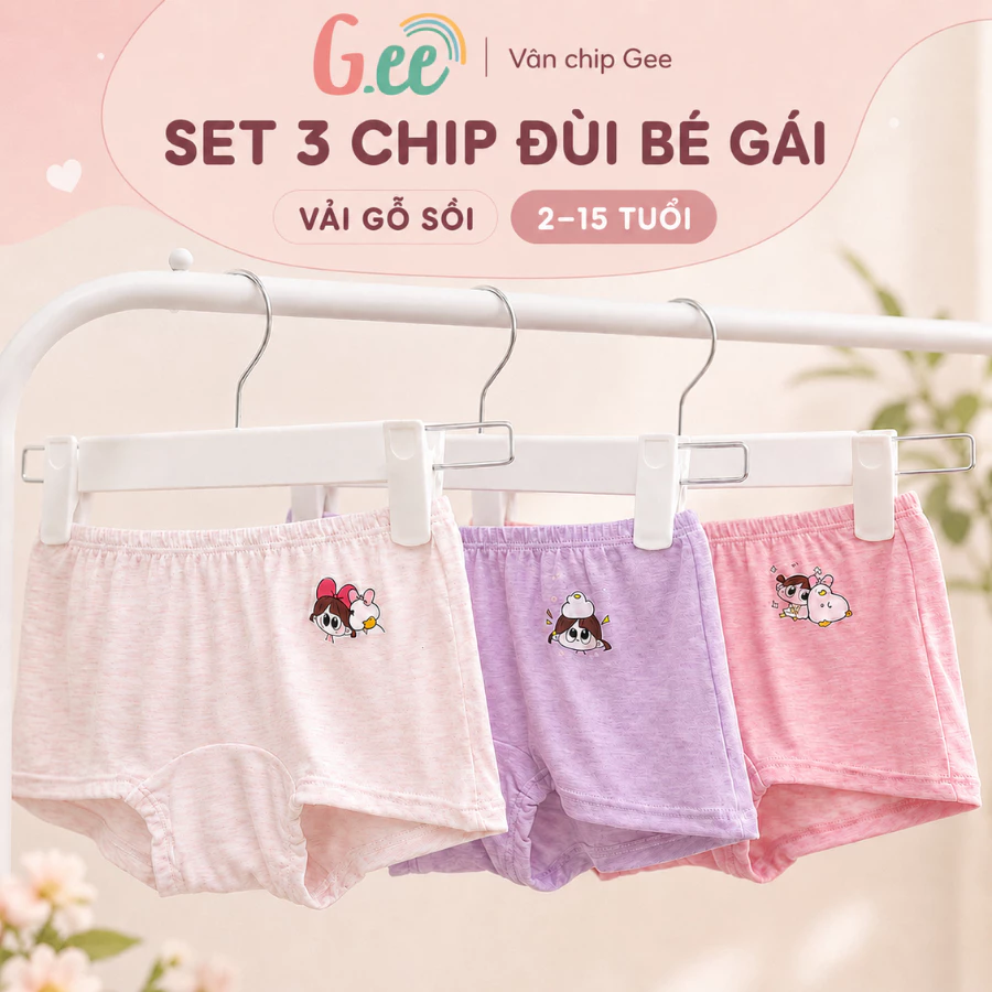 Set 3 chip đùi bé gái nữ Gee, quần lót bé gái gee vải sợi tre, gỗ sồi cho bé 2 đến 15 tuổi.