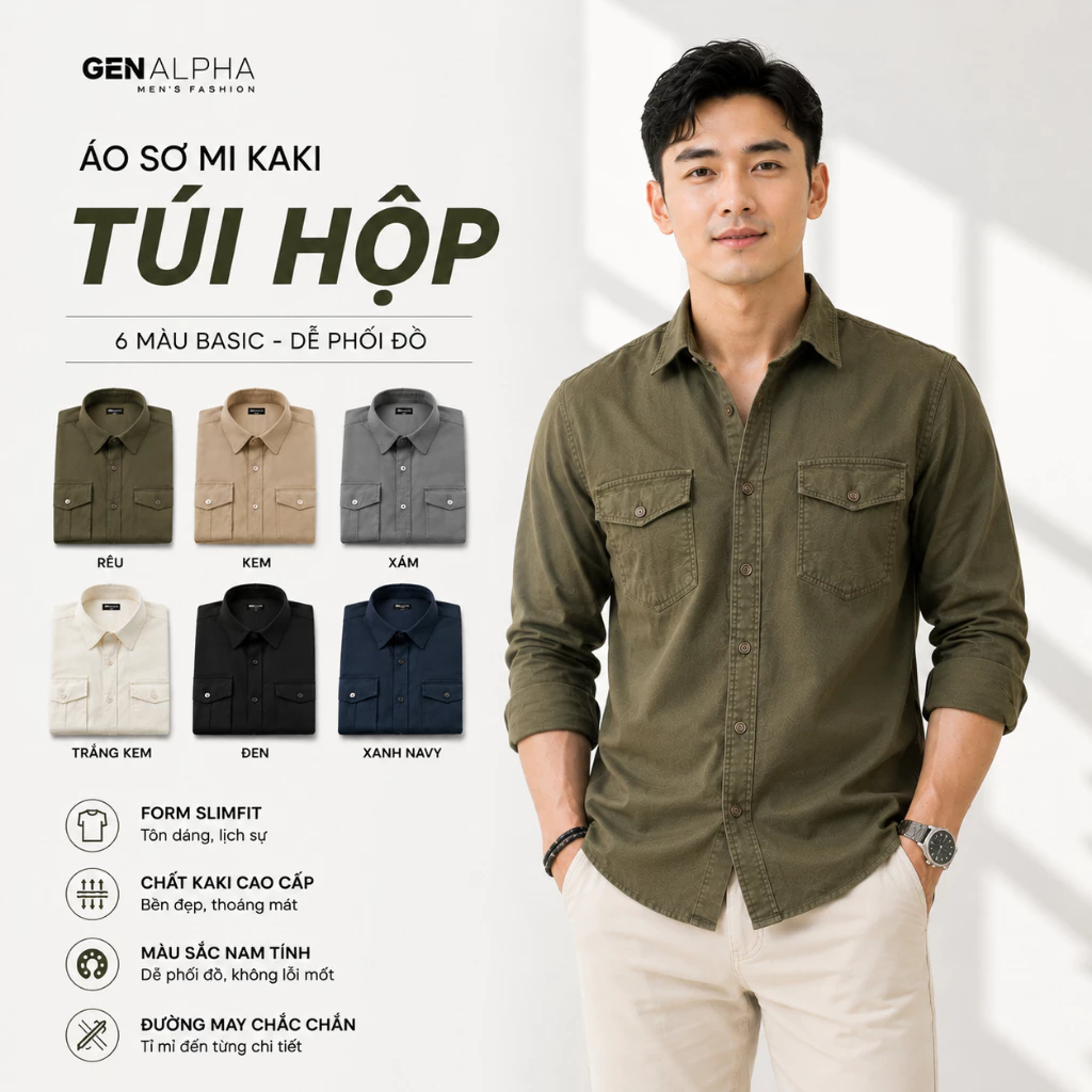 Áo Sơ Mi Nam Tay Dài Kaki Túi Hộp GEN ALPHA - Áo Sơ Mi Form Rộng Oversize Phong Cách Hàn Quốc