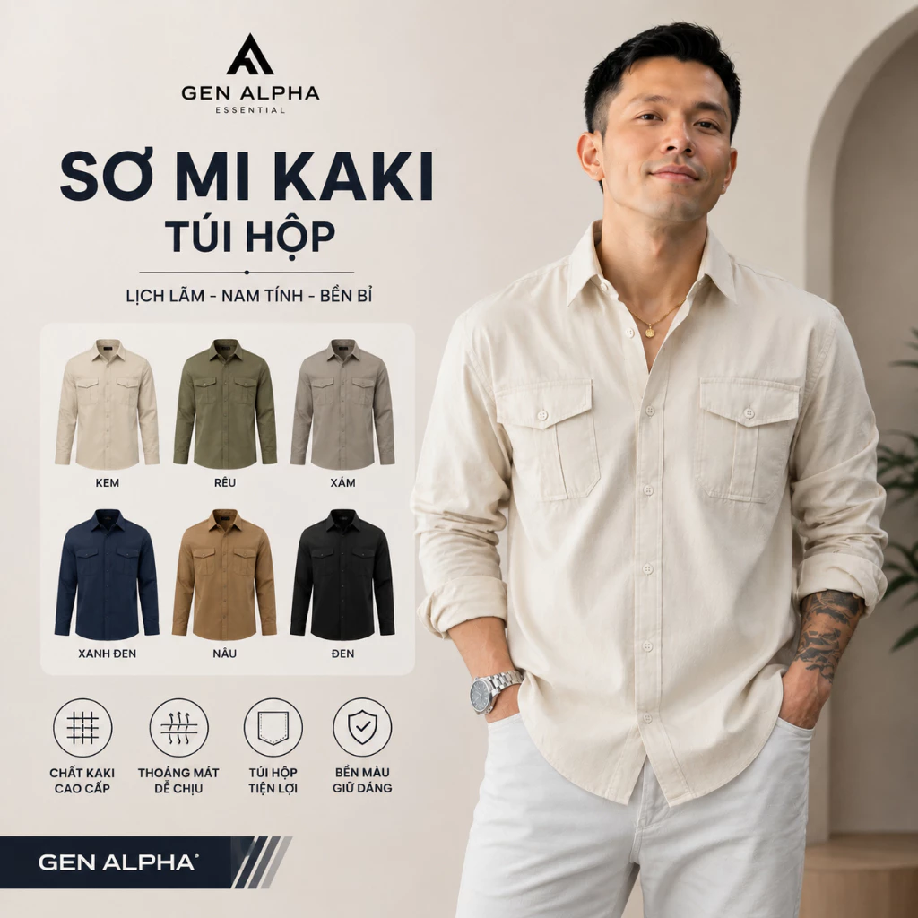 Áo Sơ Mi Kaki Nam Dài Tay GEN ALPHA Form Rộng Oversize Khoác Ngoại 2 Túi Ngực Dày Dặn Đẹp Cao Cấp