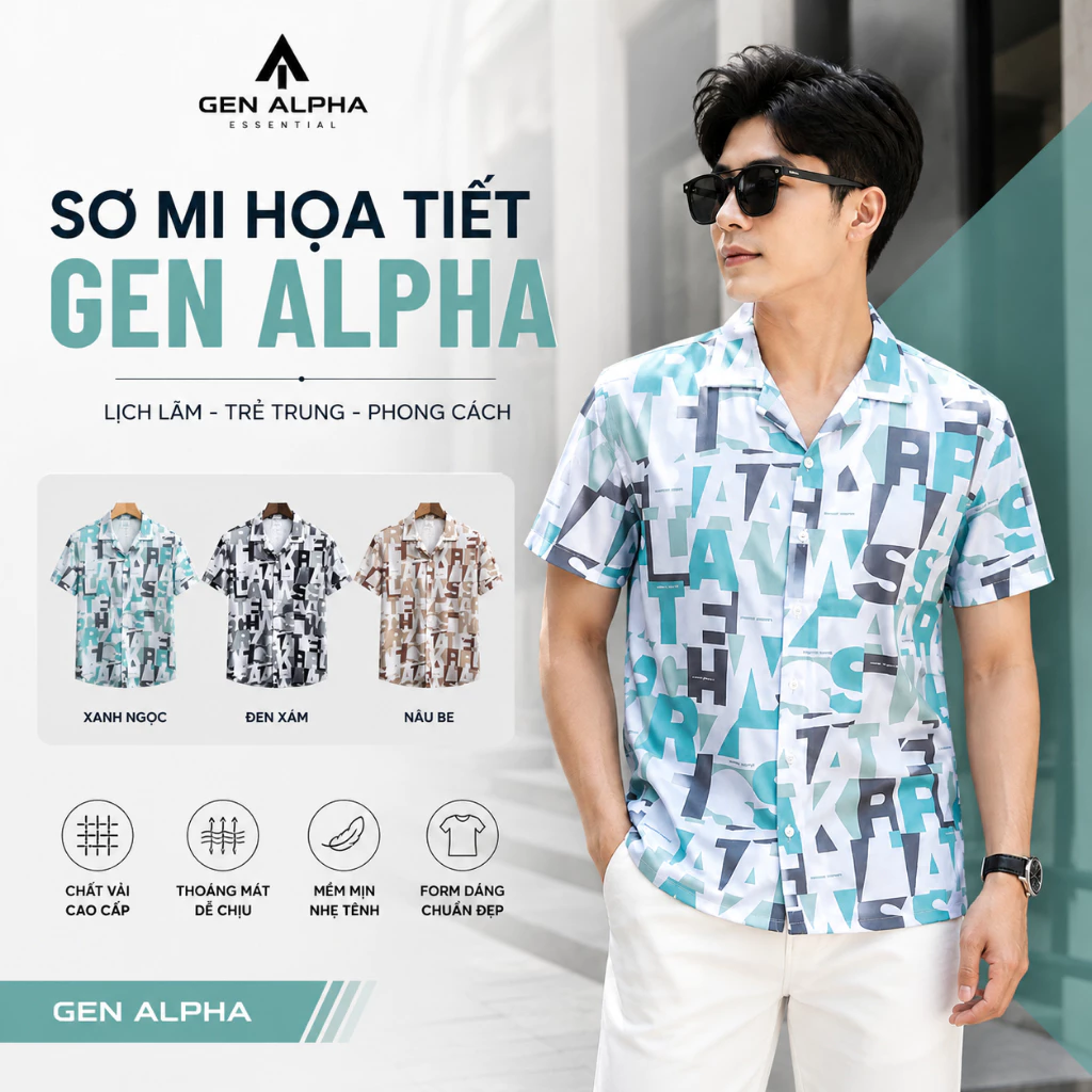 Áo Sơ Mi Nam Tay Ngắn Họa Tiết Cổ Vest Vải Gân Chéo Mềm Mịn Form Rộng Thoải Mái GEN ALPHA GEN255