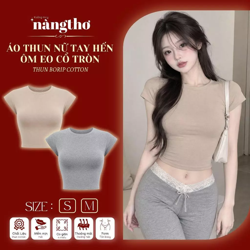 1303 [NEW] Áo Thun Cổ Tròn Tay Hến Ôm Chiết Eo Chất Borip Cotton Mịn