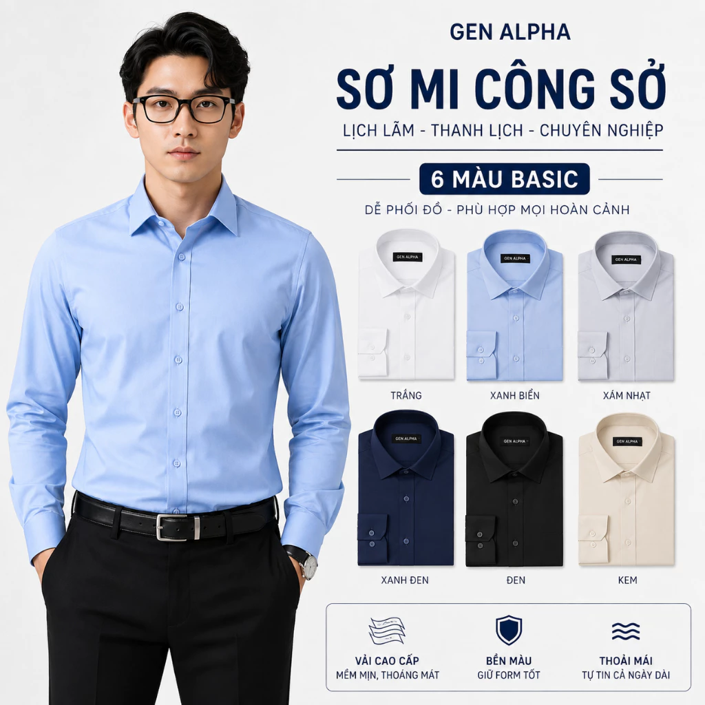 Áo Sơ Mi Nam Dài Tay GEN ALPHA Vải Cotton Lụa Cao Cấp Chống Nhăn Thấm Hút Mồ Hôi Form Rộng Công Sở