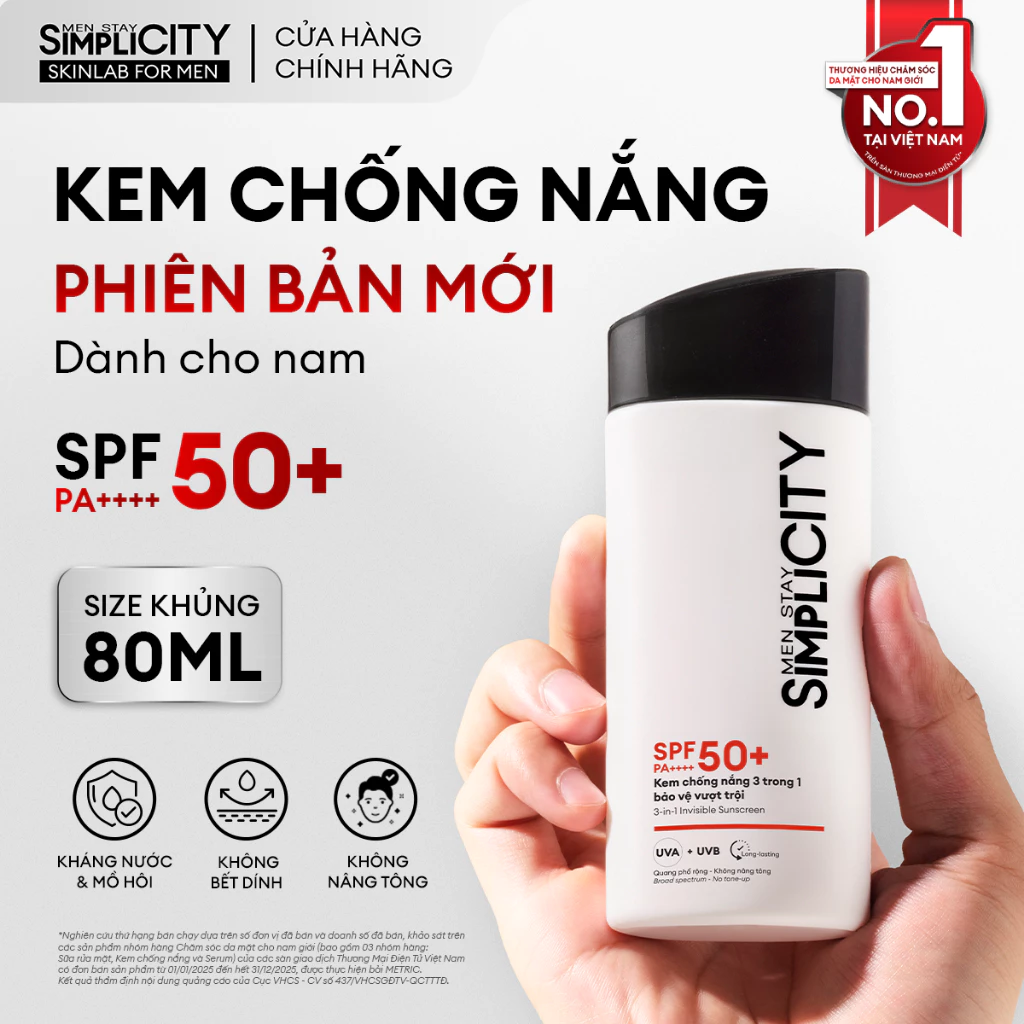 SIZE KHỦNG Kem chống nắng nam Men Stay Simplicity Invisible Sunscreen 3in1 bảo vệ vượt trội SPF 50+ PA++++ dạng sữa 80ml