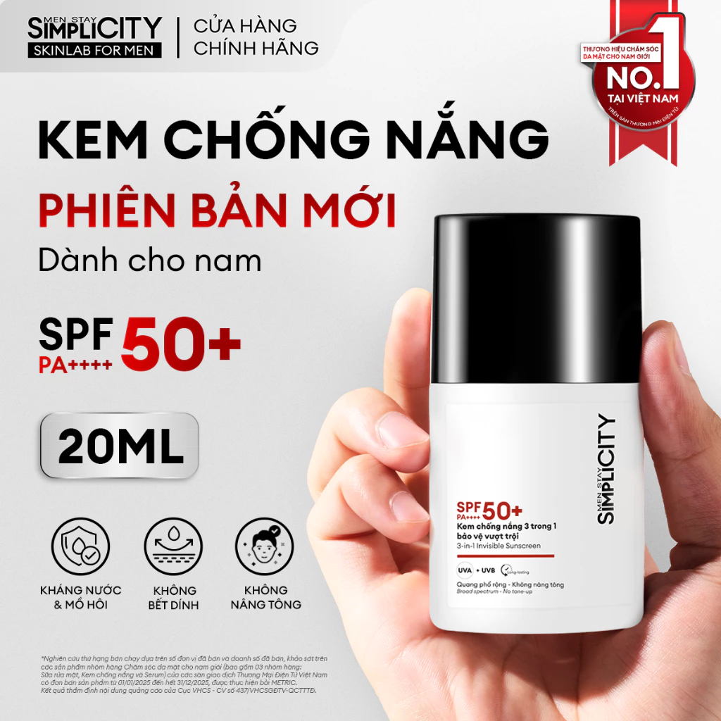 Kem chống nắng nam Men Stay Simplicity Invisible Sunscreen 3in1 bảo vệ vượt trội SPF 50+ PA++++  20ml