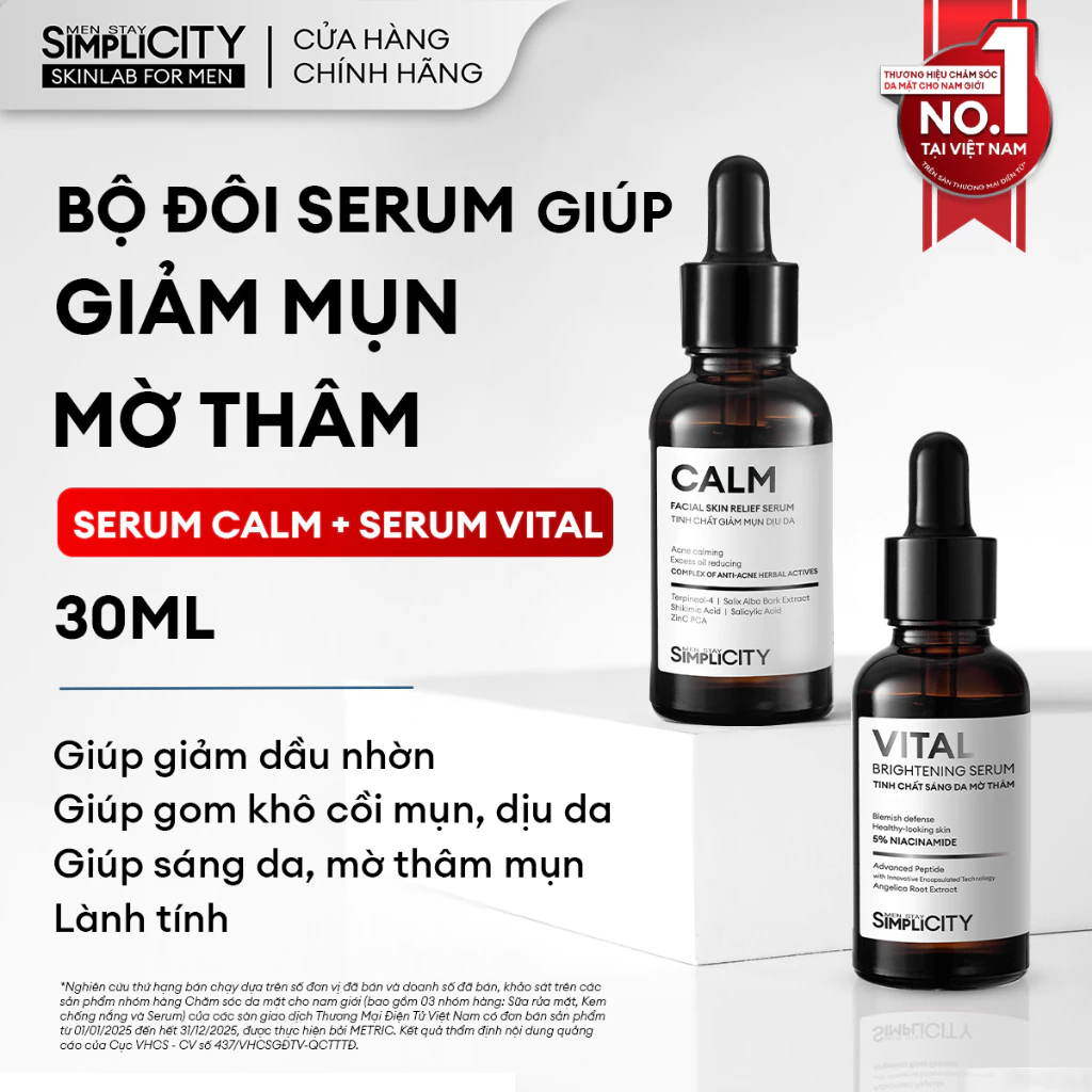 Combo serum Calm & Vital giảm mụn sáng da mờ thâm cho nam BHA + Peptide + 5% Niacinamide Men Stay Simplicity 30ml