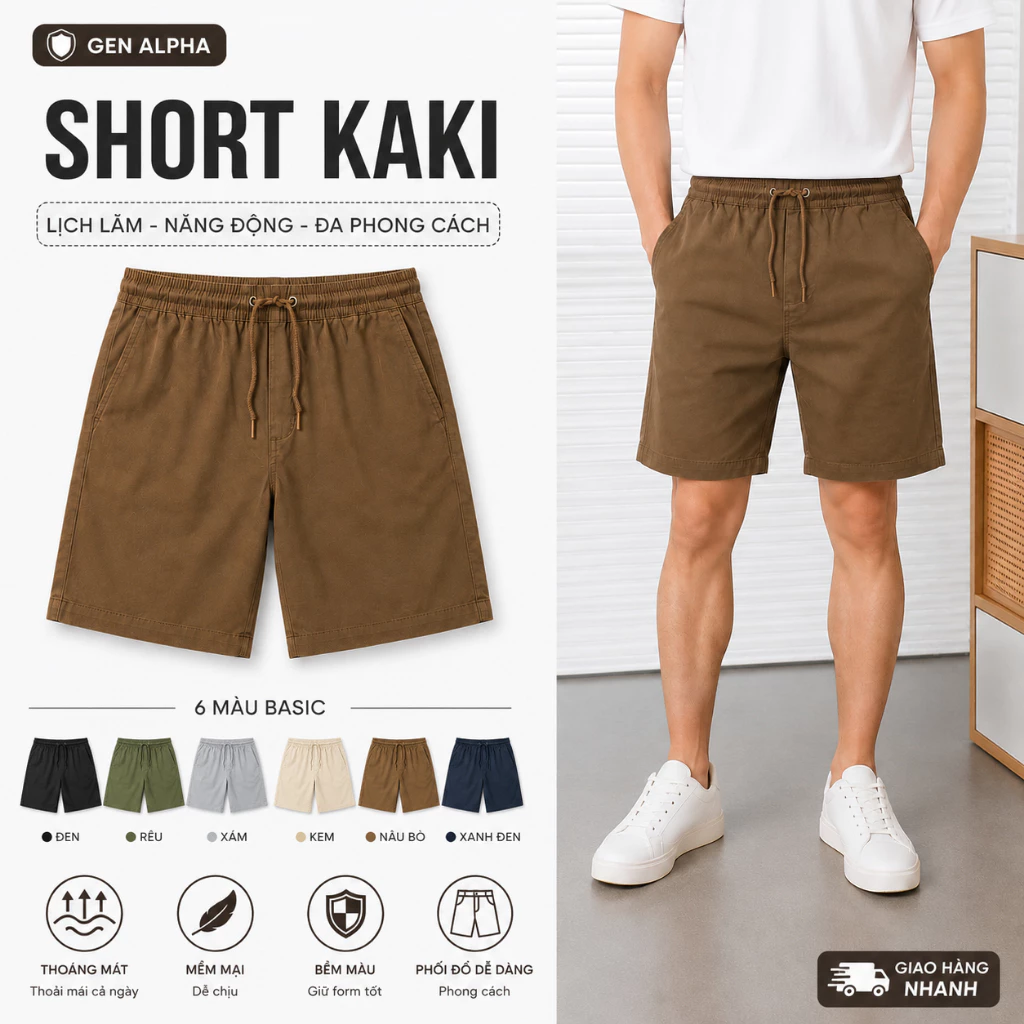 Quần Short Kaki Nam Lưng Thun Co Giãn Cao Cấp GEN ALPHA - Quần Đùi Kaki Dây Rút GEN5