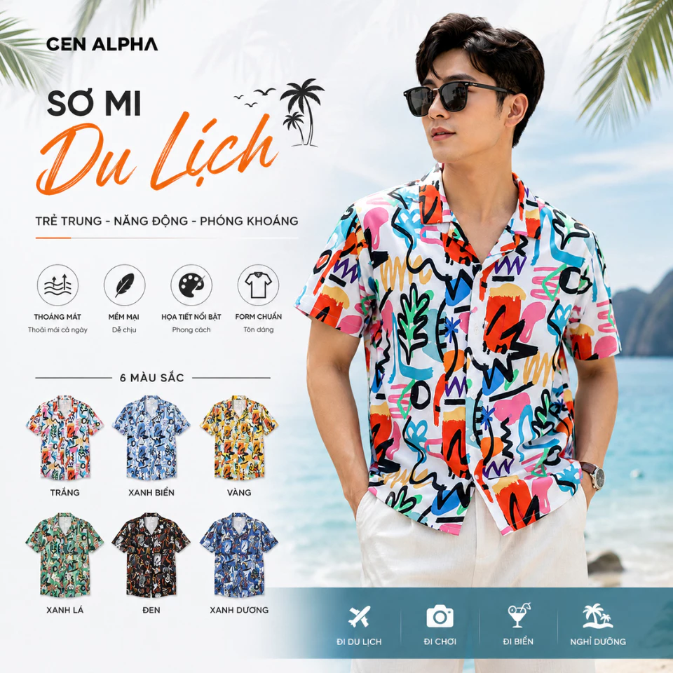 Áo Sơ Mi Nam Tay Ngắn Họa Tiết Vintage GEN ALPHA Form Slimfit Vải Lụa Mềm Thấm Hút GEN25256