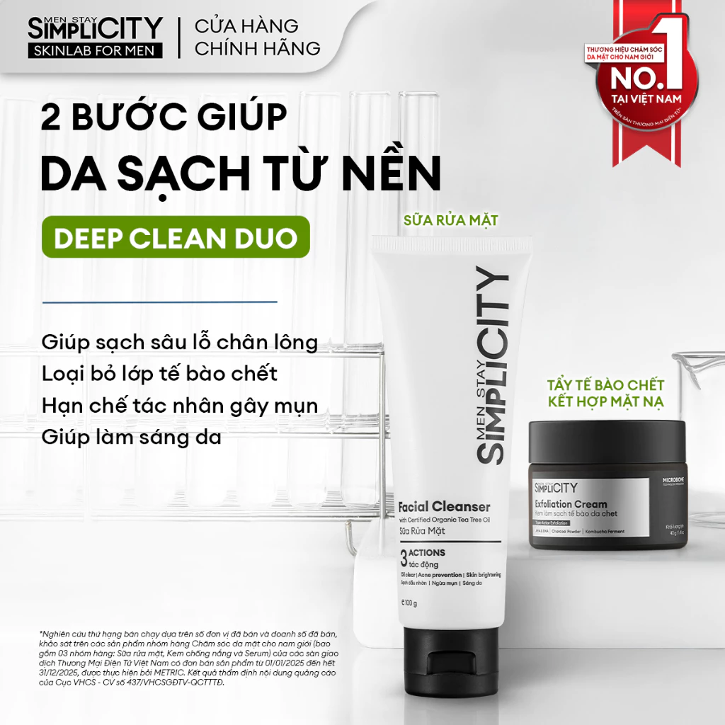 Combo 2 bước giúp làm sạch da từ nền Men Stay Simplicity Deep Clean Duo gồm Sữa rửa mặt, Tẩy tế bào chết kết hợp mặt nạ