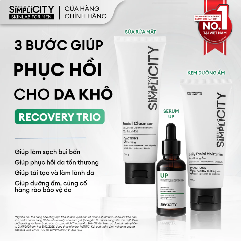Combo Recovery Trio chăm sóc phục hồi da cho nam Men Stay Simplicity: Sữa rửa mặt 100g, Serum UP 30ml, Kem dưỡng ẩm 80g