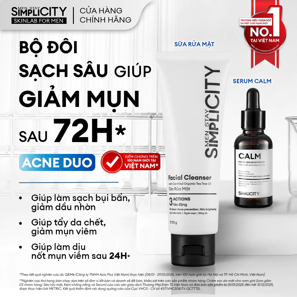 Combo Acne Duo giảm mụn sưng viêm cho nam Men Stay Simplicity: Sữa rửa mặt 100g và Serum Calm 30ml