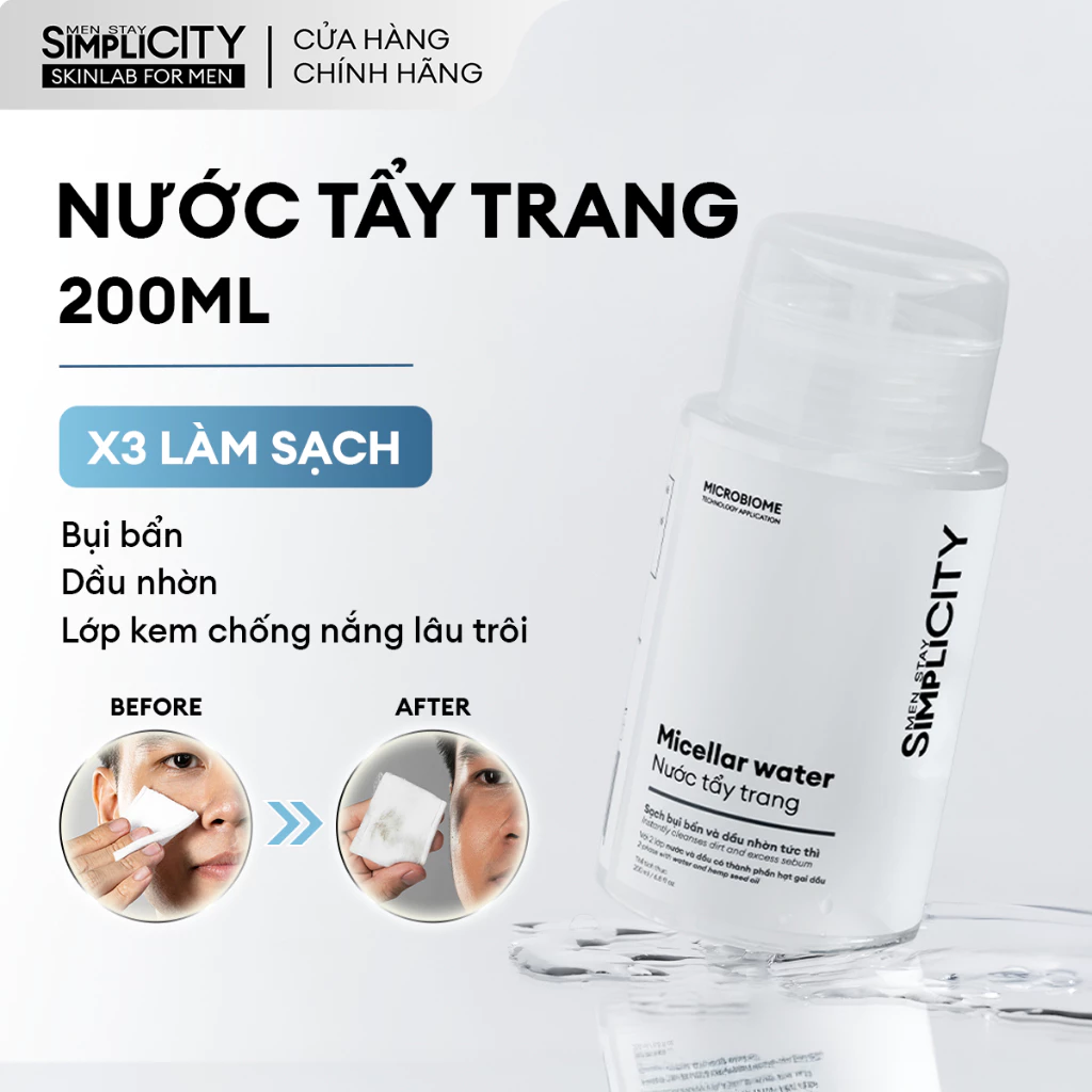 Nước tẩy trang Men Stay Simplicity Micellar water sạch bụi bẩn và dầu nhờn tức thì 80ml/200ml
